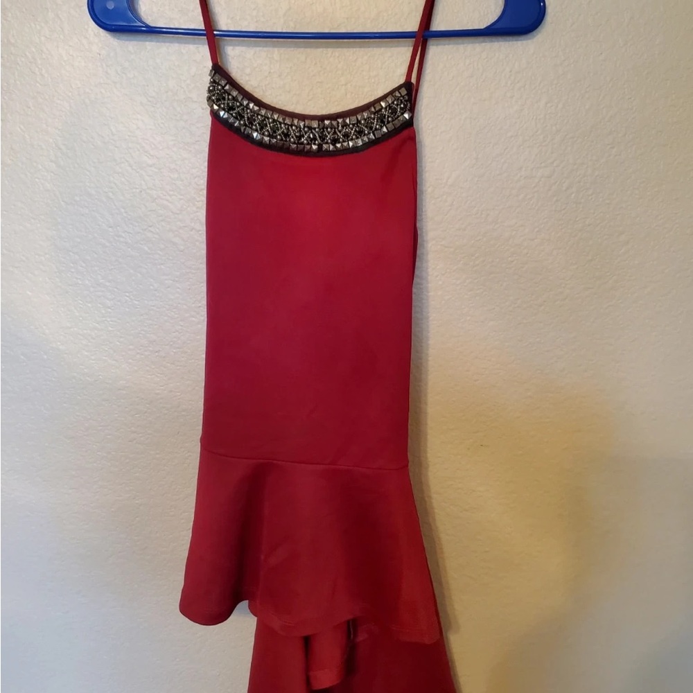 Miss Chievous Red High Low Dress with Embellished Neckline